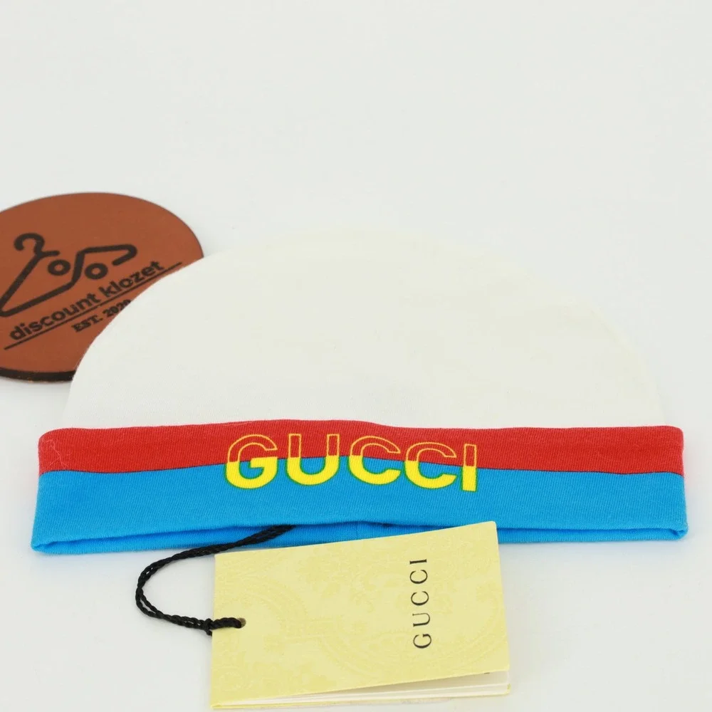 Gucci Baby White Cotton Jersey Logo Stripe Beanie Hat Size Small NWT‎
